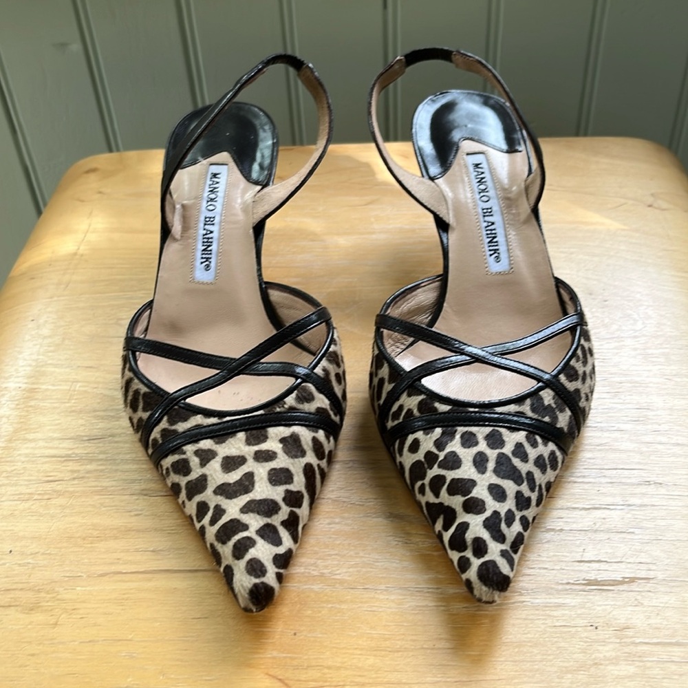 Manolo Blahnik, pony hair, animal print, slingback mule, 36.5